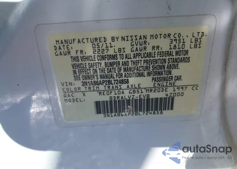 2011 Nissan Sentra 2.0Sl from USA, damaged, VIN 3N1AB6AP2BL724858